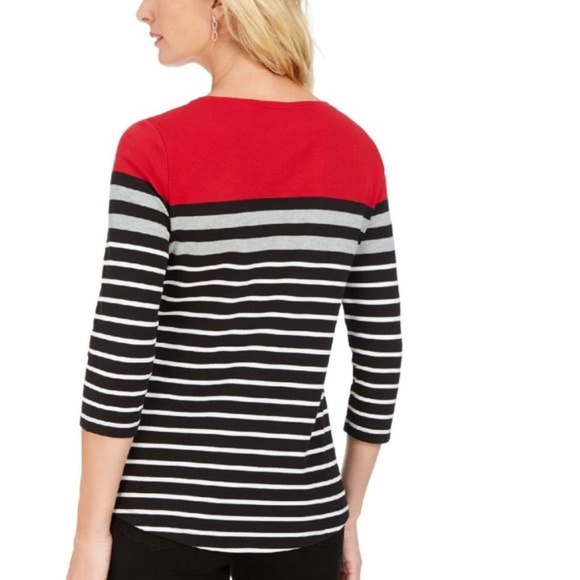 Karen Scott Sport Colorblocked Striped Grommet Top - Picture 2 of 8